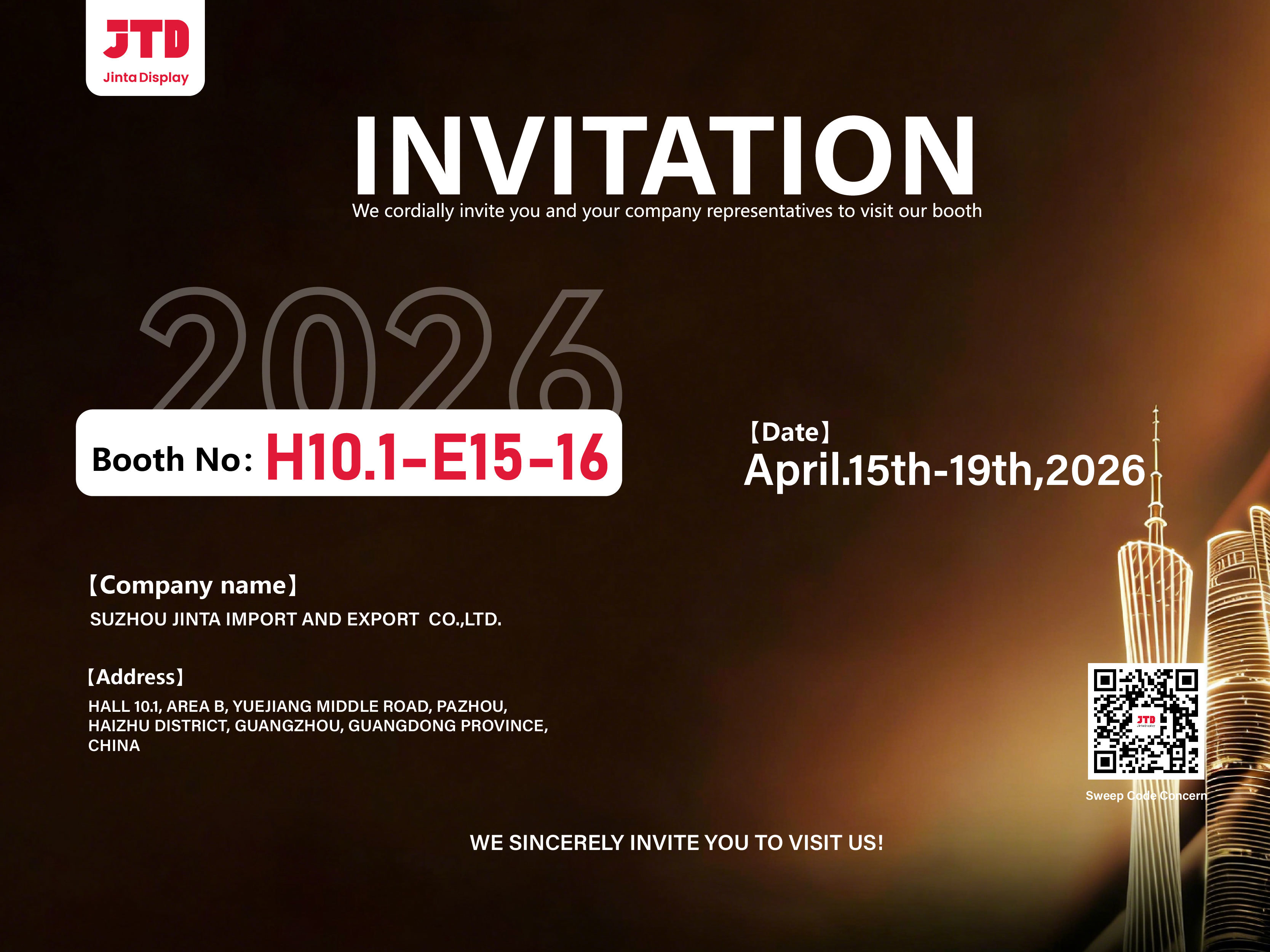 최신 회사 블로그 수저우 진타 수입 & 수출 주식회사 Ltd는 139회 칸톤 박람회에서 우리의 부스를 방문하도록 진심으로 초대합니다.